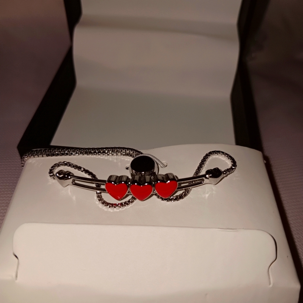 Silver Plated Adjustable Bracelet with Red Hearts New In Box From Belk